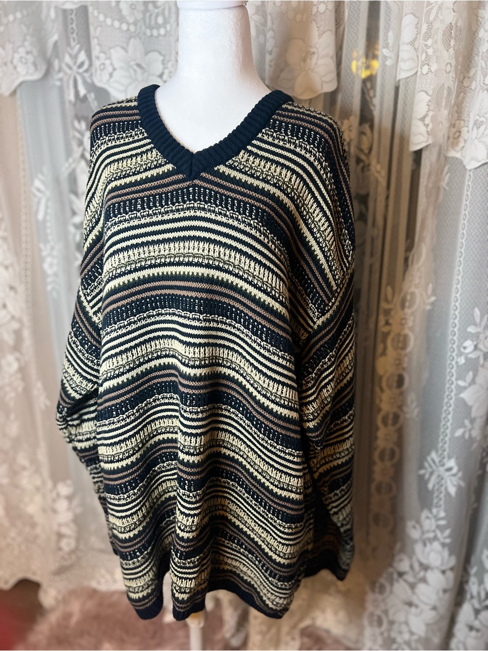 Vintage 100% Cotton Striped V-Neck Sweater in Black, Cream, and Brown XL